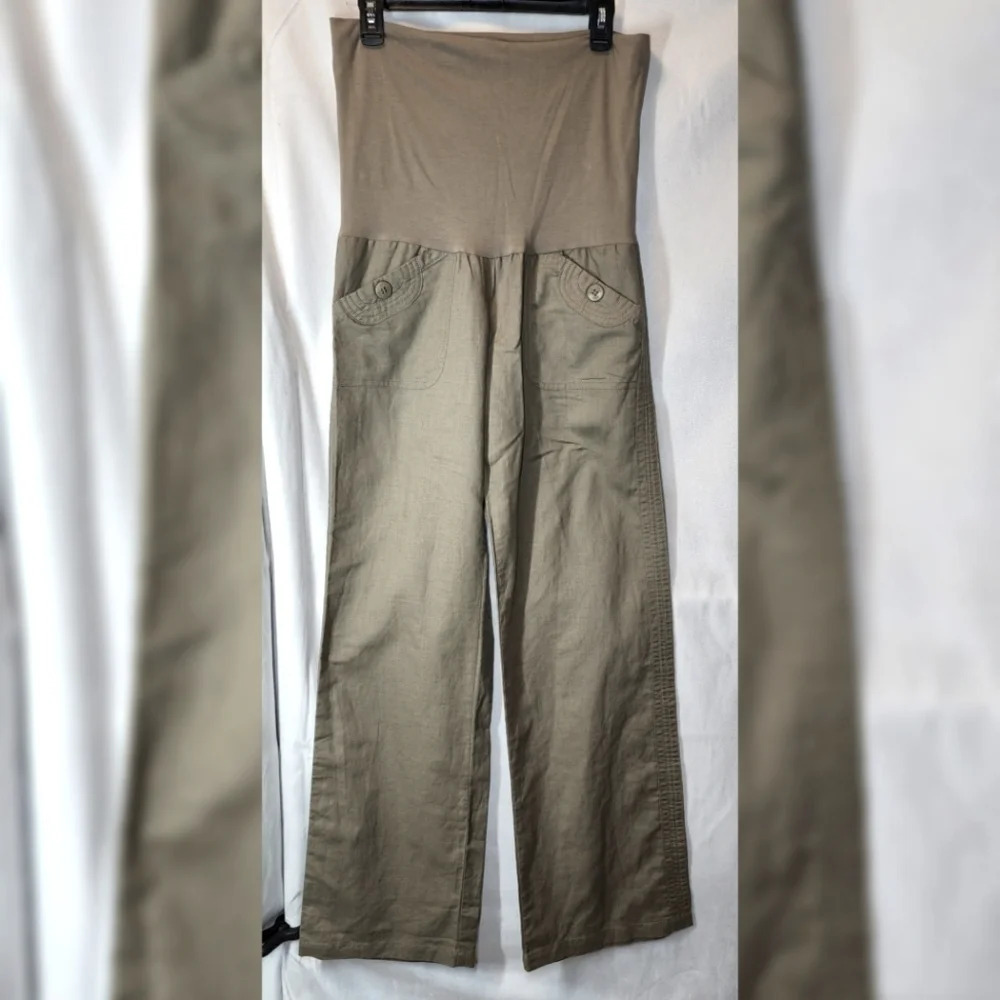 MNG Linen-blend Fold-Waist Wideleg Pants Dark Khaki Size Medium Pull On Stretch